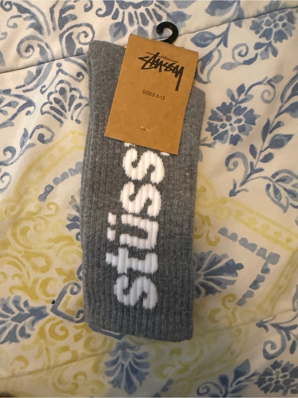 Stussy Gray Crew Socks with White Logo